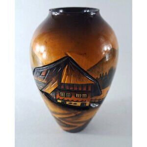 Vintage Handarbeit Wood Vase Black Forest House Hand Carved Primitive 6"